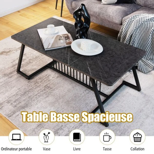Table Basse Effet Marbré120 x 60 x 45,5 cm (L x l x H) Style Contemporaine Cadre en Acier Noir