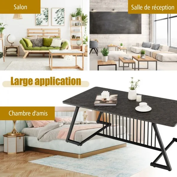 Table Basse Effet Marbré120 x 60 x 45,5 cm (L x l x H) Style Contemporaine Cadre en Acier Noir