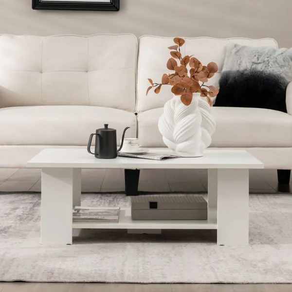 Table Basse en Bois à 2 Niveaux avec Etagère Ouverte Style Moderne pour Salon Chambre 90 x 52 x 32 cm Blanc