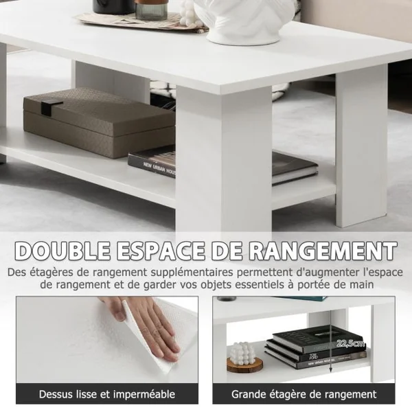 Table Basse en Bois à 2 Niveaux avec Etagère Ouverte Style Moderne pour Salon Chambre 90 x 52 x 32 cm Blanc