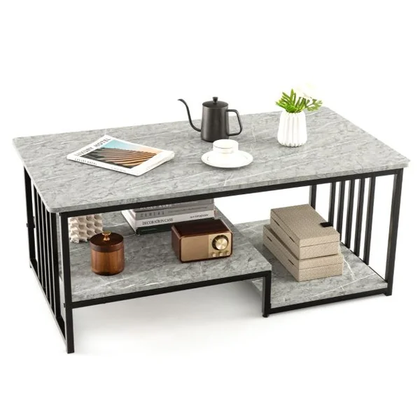 Table Basse en Faux Marbre Table Centrale Rectangulaire à 2 Niveaux avec Étagère de Rangement Ouverte Cadre en Métal Gris