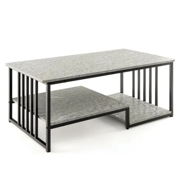 Table Basse en Faux Marbre Table Centrale Rectangulaire à 2 Niveaux avec Étagère de Rangement Ouverte Cadre en Métal Gris