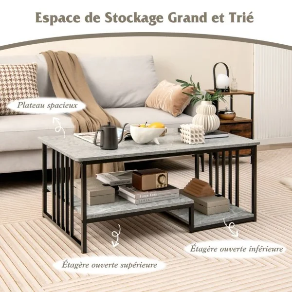 Table Basse en Faux Marbre Table Centrale Rectangulaire à 2 Niveaux avec Étagère de Rangement Ouverte Cadre en Métal Gris