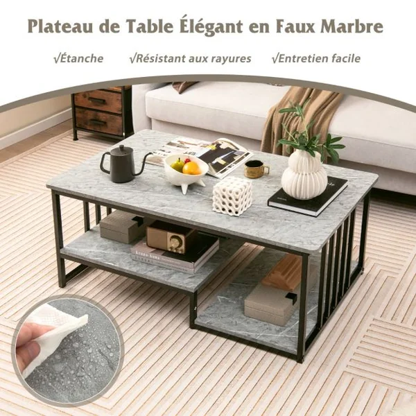 Table Basse en Faux Marbre Table Centrale Rectangulaire à 2 Niveaux avec Étagère de Rangement Ouverte Cadre en Métal Gris