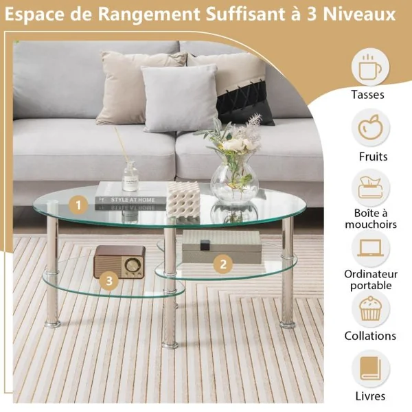 Table Basse en Verre Table de Salon avec 3 Etagères en Verre Trempé 89x49,5x45cm pour Salle Salon Chambre Transparence