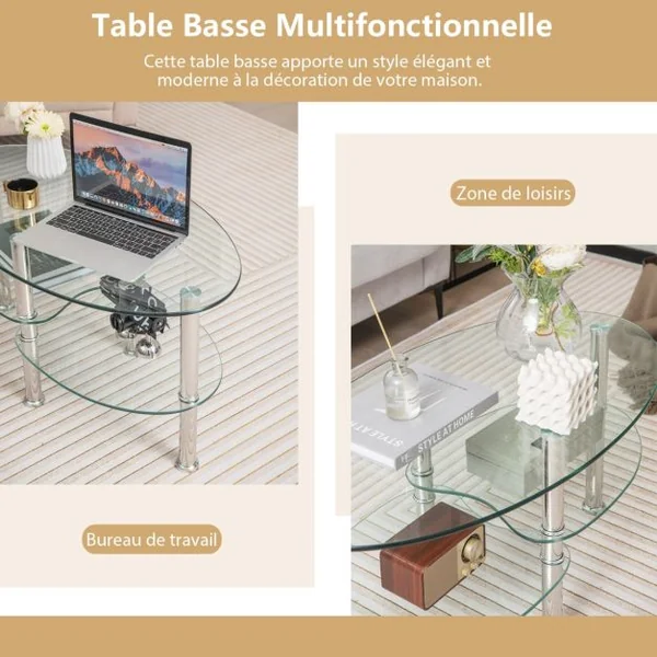 Table Basse en Verre Table de Salon avec 3 Etagères en Verre Trempé 89x49,5x45cm pour Salle Salon Chambre Transparence