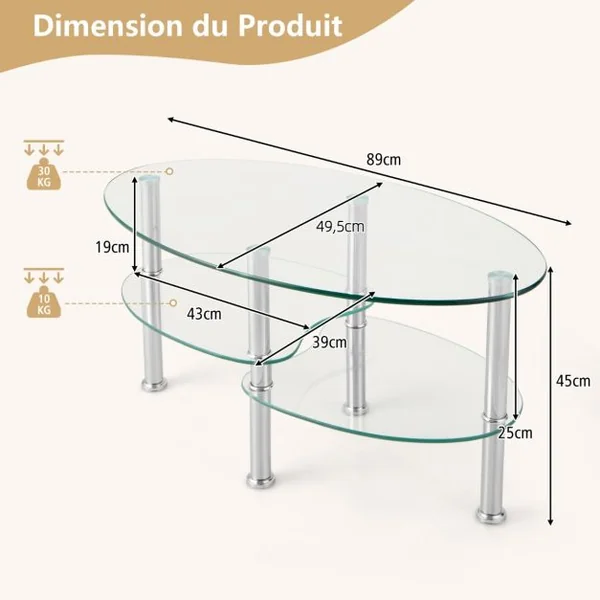 Table Basse en Verre Table de Salon avec 3 Etagères en Verre Trempé 89x49,5x45cm pour Salle Salon Chambre Transparence