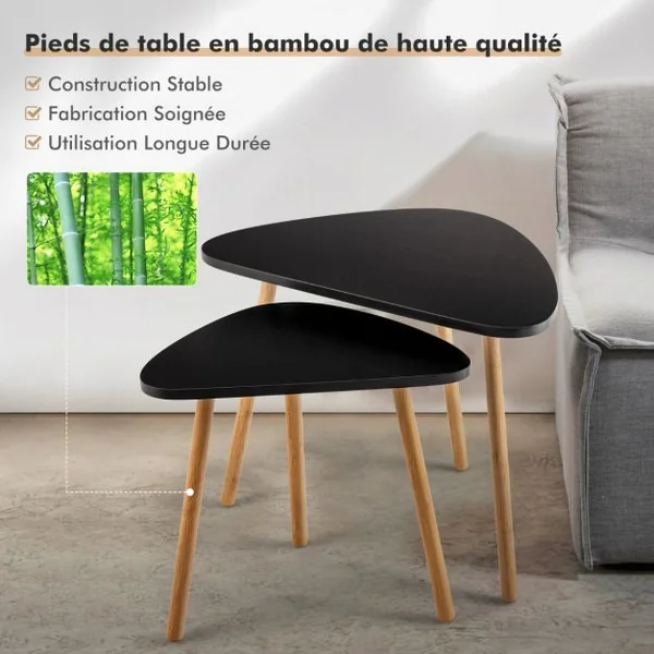 Table Basse Gigogne Lot de 2- Style Scandinave en MDF et Bambou Ecologiste Noir