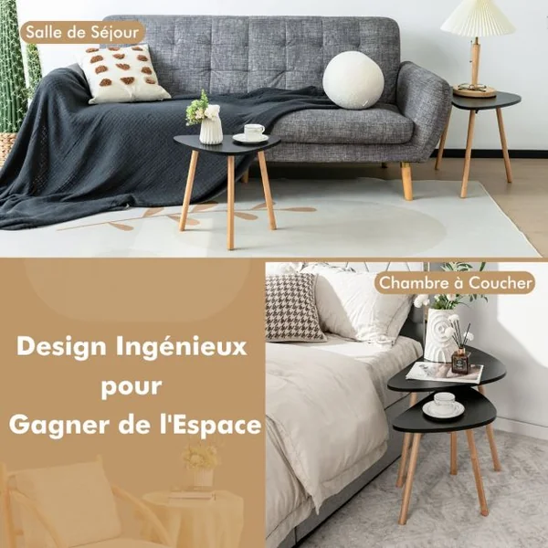 Table Basse Gigogne Lot de 2- Style Scandinave en MDF et Bambou Ecologiste Noir