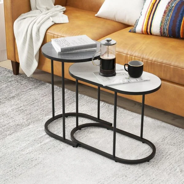 Table Basse Gigogne Lot de 2 Table Gigogne Ronde avec Cadre en Métal Grande: 58 x 31 x 46 cm & Petite: 38 x 38 x 54 cm Bout de Canapé Noir+Blanc
