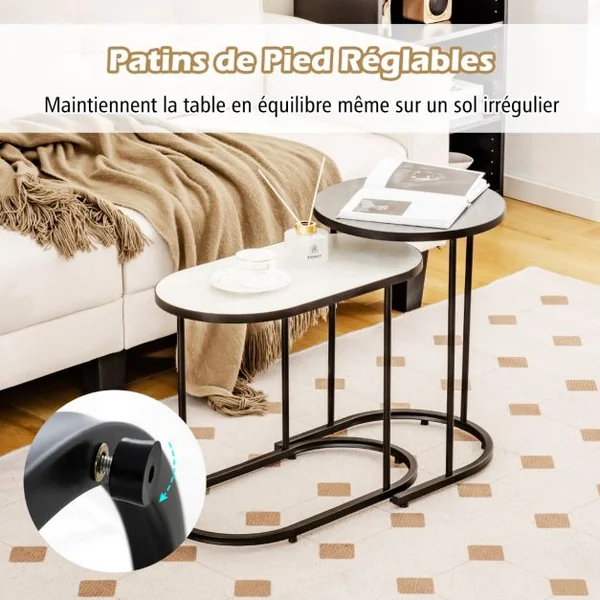 Table Basse Gigogne Lot de 2 Table Gigogne Ronde avec Cadre en Métal Grande: 58 x 31 x 46 cm & Petite: 38 x 38 x 54 cm Bout de Canapé Noir+Blanc
