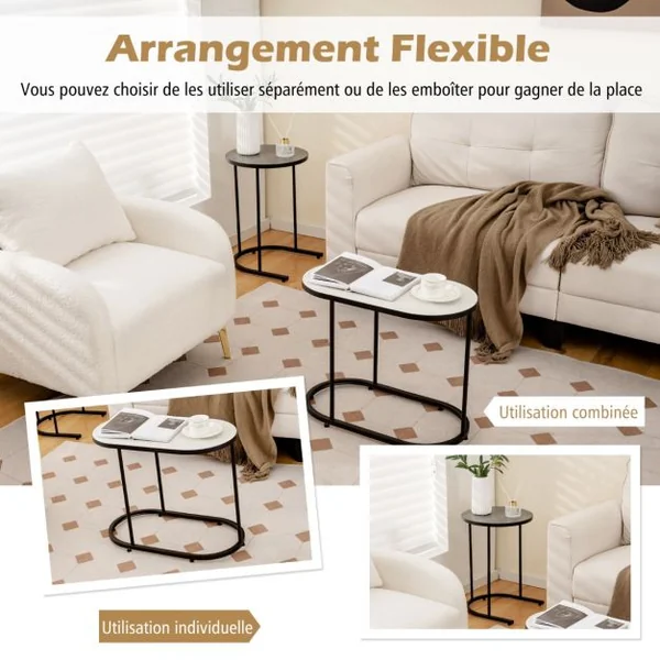 Table Basse Gigogne Lot de 2 Table Gigogne Ronde avec Cadre en Métal Grande: 58 x 31 x 46 cm & Petite: 38 x 38 x 54 cm Bout de Canapé Noir+Blanc