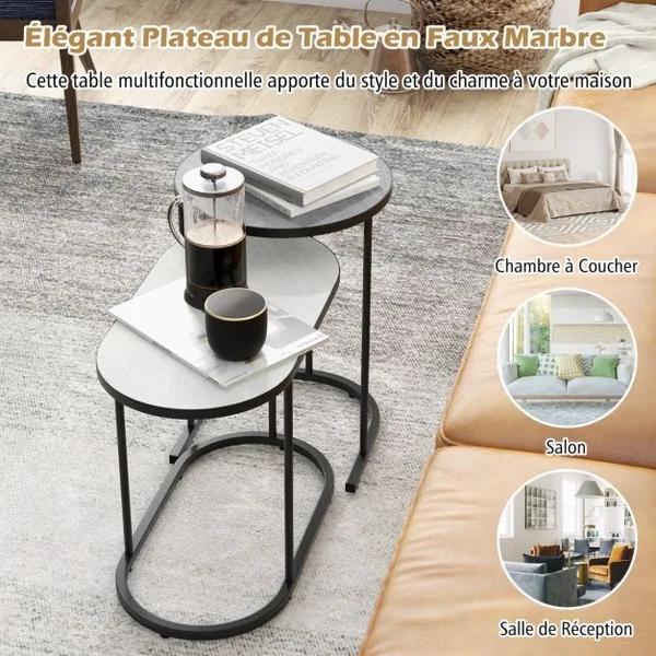 Table Basse Gigogne Lot de 2 Table Gigogne Ronde avec Cadre en Métal Grande: 58 x 31 x 46 cm & Petite: 38 x 38 x 54 cm Bout de Canapé Noir+Blanc