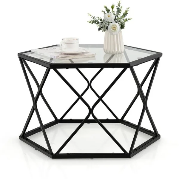 Table Basse Géométrique avec Plateau en Verre Trempé Table d’Appoint Hexagonale Style Moderne pour Salon 65x56x40cm Noir