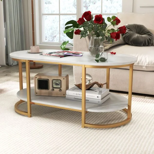 Table Basse Imprimée Marbre 2 Niveaux avec Cadre en Métal Doré Table de Salon Scandinave avec Coussinets de Pied Réglables Blanc