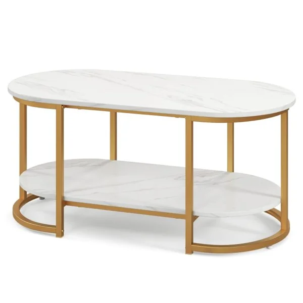 Table Basse Imprimée Marbre 2 Niveaux avec Cadre en Métal Doré Table de Salon Scandinave avec Coussinets de Pied Réglables Blanc