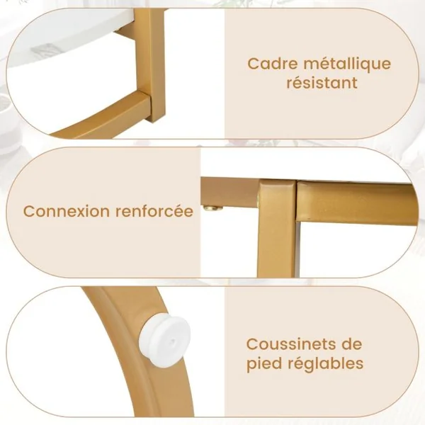 Table Basse Imprimée Marbre 2 Niveaux avec Cadre en Métal Doré Table de Salon Scandinave avec Coussinets de Pied Réglables Blanc