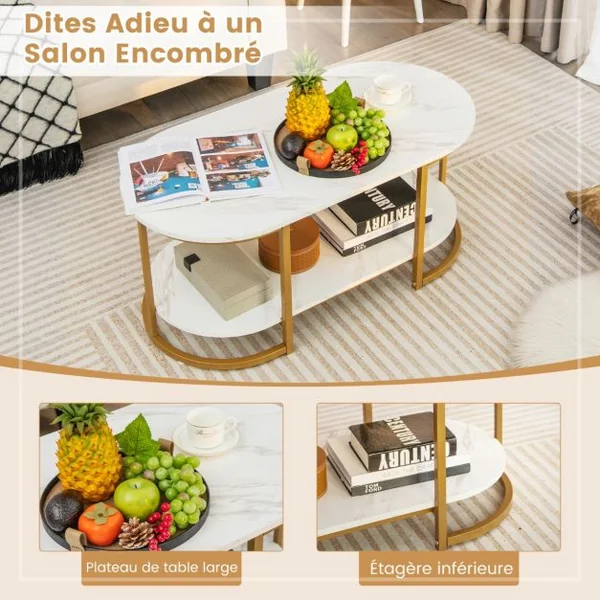 Table Basse Imprimée Marbre 2 Niveaux avec Cadre en Métal Doré Table de Salon Scandinave avec Coussinets de Pied Réglables Blanc