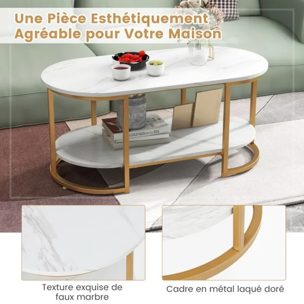 Table Basse Imprimée Marbre 2 Niveaux avec Cadre en Métal Doré Table de Salon Scandinave avec Coussinets de Pied Réglables Blanc