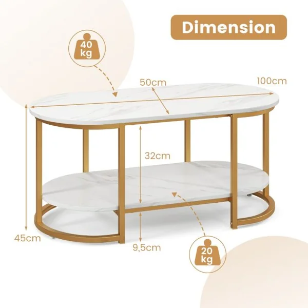 Table Basse Imprimée Marbre 2 Niveaux avec Cadre en Métal Doré Table de Salon Scandinave avec Coussinets de Pied Réglables Blanc