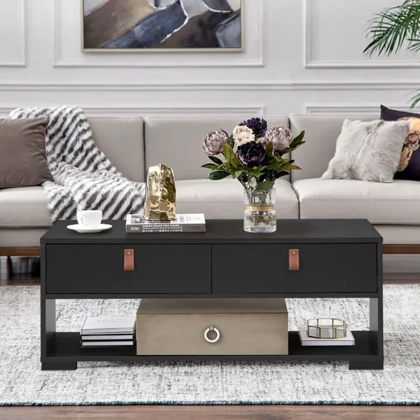 Table Basse Industrielle 100 x 44 x 41 cm (L x l x H) 2 Tiroirs et Étagère de Rangement Noir