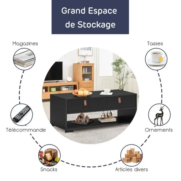 Table Basse Industrielle 100 x 44 x 41 cm (L x l x H) 2 Tiroirs et Étagère de Rangement Noir