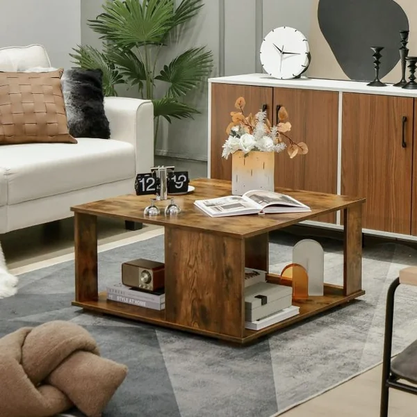 Table Basse Industrielle à 2 Niveaux 80x80x40CM Table de Salon avec Patins Antidérapants, Table d’Appoint pour Chambre et Bureau Café
