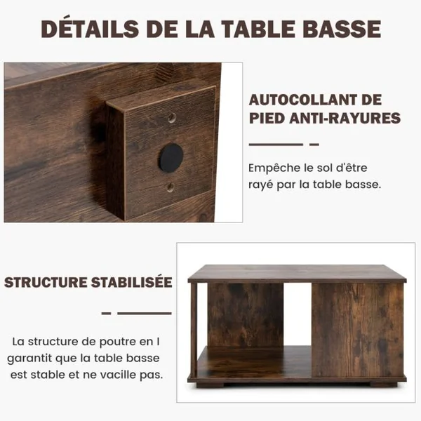 Table Basse Industrielle à 2 Niveaux 80x80x40CM Table de Salon avec Patins Antidérapants, Table d’Appoint pour Chambre et Bureau Café