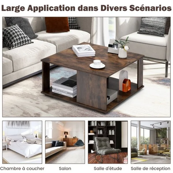 Table Basse Industrielle à 2 Niveaux 80x80x40CM Table de Salon avec Patins Antidérapants, Table d’Appoint pour Chambre et Bureau Café