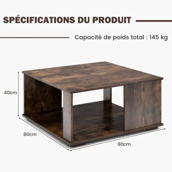 Table Basse Industrielle à 2 Niveaux 80x80x40CM Table de Salon avec Patins Antidérapants, Table d’Appoint pour Chambre et Bureau Café