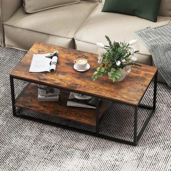 Table Basse Industrielle à 2 Niveaux Table Centrale Rectangulaire de 105 cm avec Étagère de Rangement et Cadre en Métal Marron Rustique