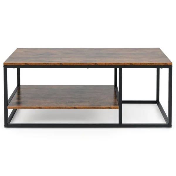 Table Basse Industrielle à 2 Niveaux Table Centrale Rectangulaire de 105 cm avec Étagère de Rangement et Cadre en Métal Marron Rustique