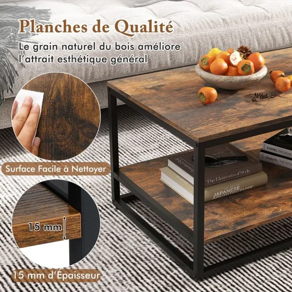 Table Basse Industrielle à 2 Niveaux Table Centrale Rectangulaire de 105 cm avec Étagère de Rangement et Cadre en Métal Marron Rustique
