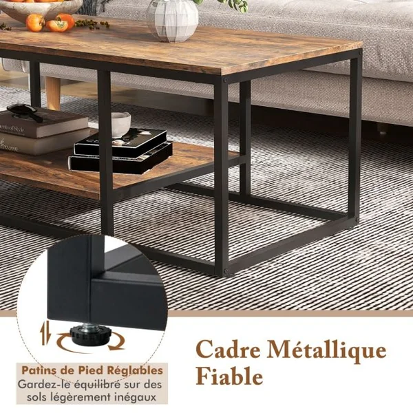 Table Basse Industrielle à 2 Niveaux Table Centrale Rectangulaire de 105 cm avec Étagère de Rangement et Cadre en Métal Marron Rustique