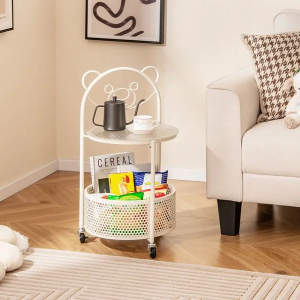 Table Basse Mobile en Verre pour Enfant Table d'Appoint à 2 Niveaux Motif Ours Panier de Rangement Table à Roulettes Verrouillables Doré/Blanc