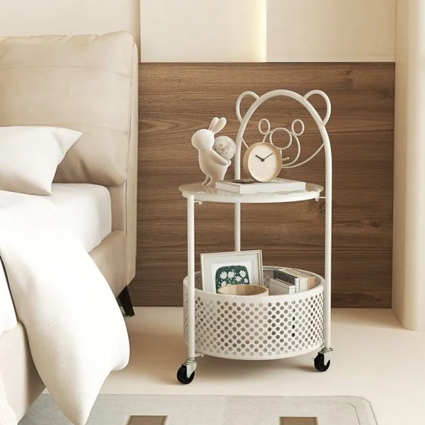 Table Basse Mobile en Verre pour Enfant Table d'Appoint à 2 Niveaux Motif Ours Panier de Rangement Table à Roulettes Verrouillables Doré/Blanc