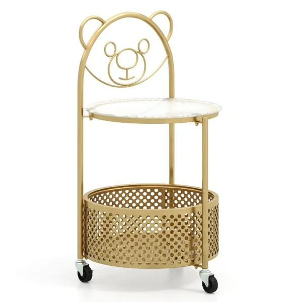 Table Basse Mobile en Verre pour Enfant Table d'Appoint à 2 Niveaux Motif Ours Panier de Rangement Table à Roulettes Verrouillables Doré/Blanc