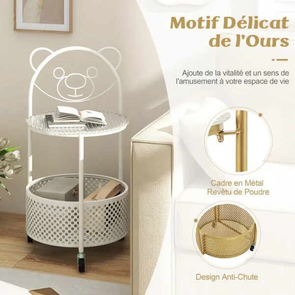 Table Basse Mobile en Verre pour Enfant Table d'Appoint à 2 Niveaux Motif Ours Panier de Rangement Table à Roulettes Verrouillables Doré/Blanc