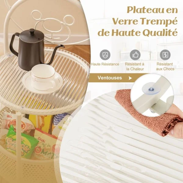Table Basse Mobile en Verre pour Enfant Table d'Appoint à 2 Niveaux Motif Ours Panier de Rangement Table à Roulettes Verrouillables Doré/Blanc