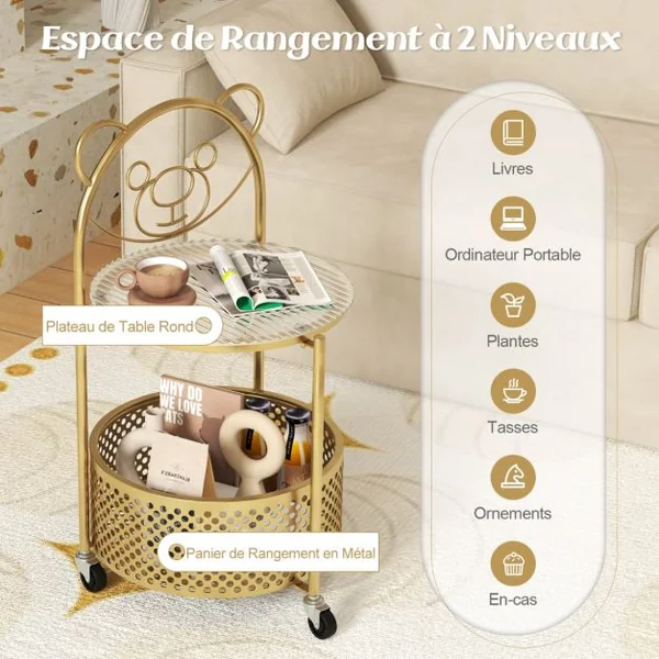 Table Basse Mobile en Verre pour Enfant Table d'Appoint à 2 Niveaux Motif Ours Panier de Rangement Table à Roulettes Verrouillables Doré/Blanc
