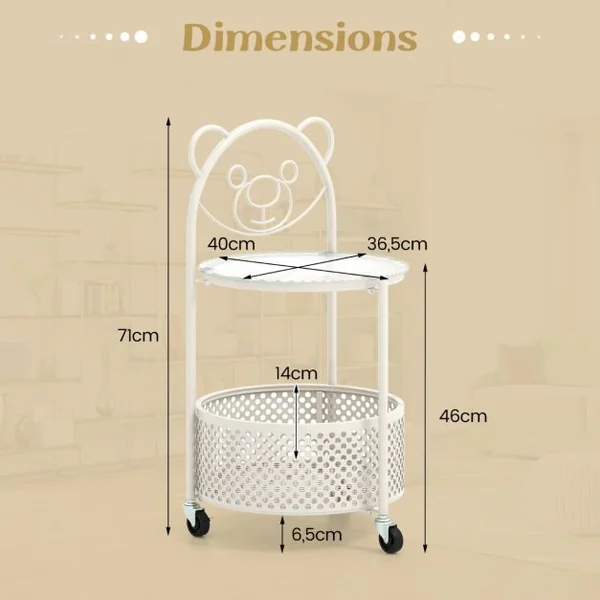 Table Basse Mobile en Verre pour Enfant Table d'Appoint à 2 Niveaux Motif Ours Panier de Rangement Table à Roulettes Verrouillables Doré/Blanc