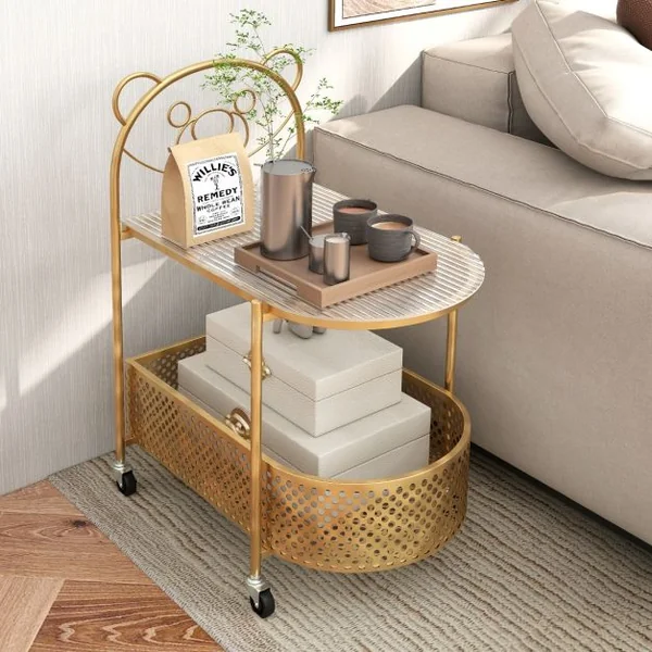Table Basse Mobile en Verre Table d’Appoint à 2 Niveaux avec Motif Ours pour Enfant Panier de Rangement Cadre en Métal Roulettes Blanc/Doré