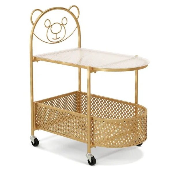 Table Basse Mobile en Verre Table d’Appoint à 2 Niveaux avec Motif Ours pour Enfant Panier de Rangement Cadre en Métal Roulettes Blanc/Doré