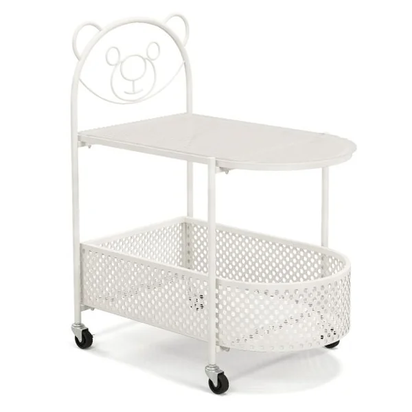 Table Basse Mobile en Verre Table d’Appoint à 2 Niveaux avec Motif Ours pour Enfant Panier de Rangement Cadre en Métal Roulettes Blanc/Doré