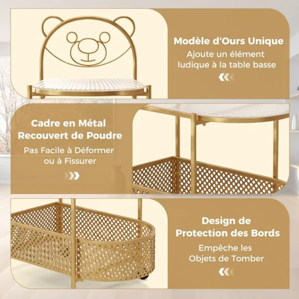 Table Basse Mobile en Verre Table d’Appoint à 2 Niveaux avec Motif Ours pour Enfant Panier de Rangement Cadre en Métal Roulettes Blanc/Doré