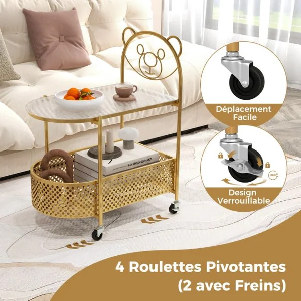 Table Basse Mobile en Verre Table d’Appoint à 2 Niveaux avec Motif Ours pour Enfant Panier de Rangement Cadre en Métal Roulettes Blanc/Doré