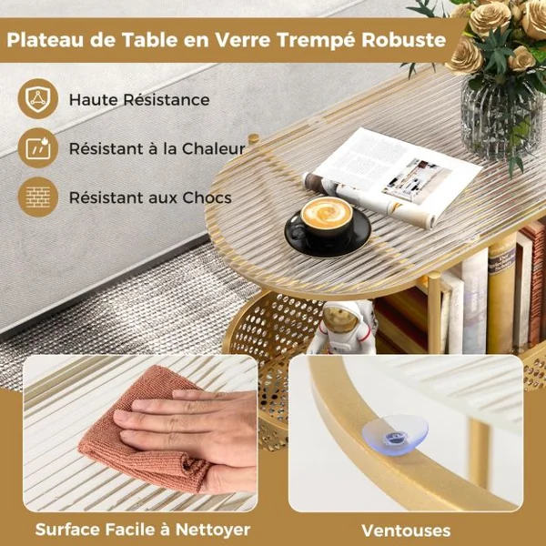 Table Basse Mobile en Verre Table d’Appoint à 2 Niveaux avec Motif Ours pour Enfant Panier de Rangement Cadre en Métal Roulettes Blanc/Doré