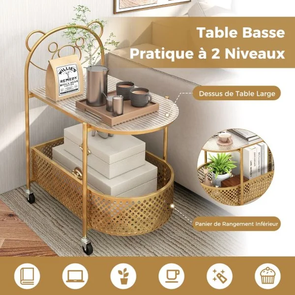 Table Basse Mobile en Verre Table d’Appoint à 2 Niveaux avec Motif Ours pour Enfant Panier de Rangement Cadre en Métal Roulettes Blanc/Doré
