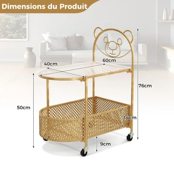 Table Basse Mobile en Verre Table d’Appoint à 2 Niveaux avec Motif Ours pour Enfant Panier de Rangement Cadre en Métal Roulettes Blanc/Doré