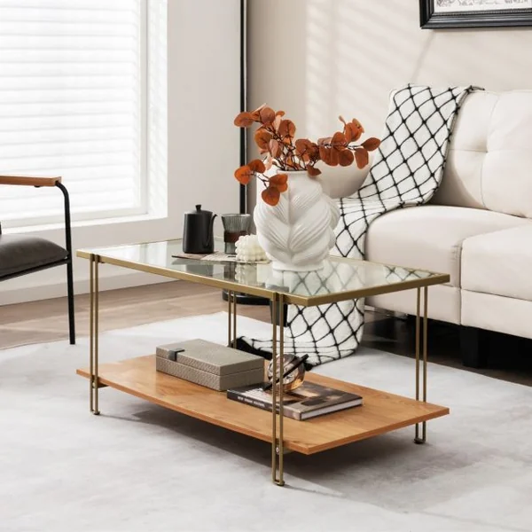 Table Basse Moderne en Verre Trempé avec Structure en Acier Doré 100x46x50cm Table de Salon à 2 Niveaux avec Pieds Réglables